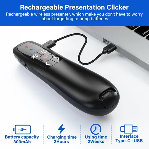 Miniatura 8 de Clicker de presentación USB tipo C 2 en 1, clicker para presentaciones de PowerPoint, control remoto inalámbrico recargable, RF 2.4GHz USB