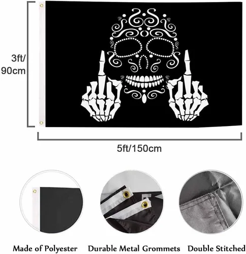 Miniatura 2 de Swono Bandera de calavera con diseño de esqueleto con dedo medio, bandera negra de 3 x 5 pies, bandera grande para exteriores e interiores, oficina