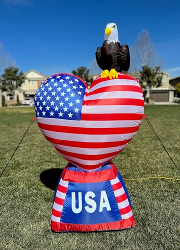 Corazón inflable de amor patriótico de 5 pies de alto con bandera estadounidense y águila calva, luces LED preiluminadas para exteriores,