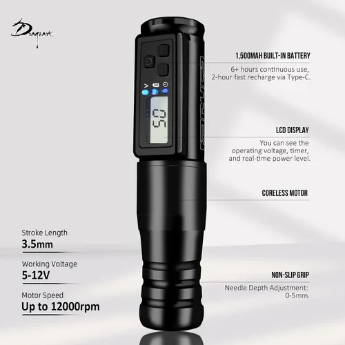 Miniatura 2 de Dragoart Archer Pistola de tatuaje inalámbrica Máquina de tatuaje inalámbrica 1,500 mAh, motor sin núcleo, pantalla LCD, profundidad de aguja de 0 a