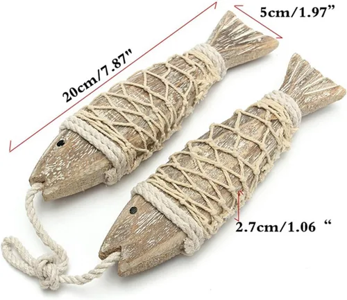 Miniatura 2 de Paquete de 2 piezas de arte de pared de peces de madera, decoración colgante de peces tallados a mano, adorno decorativo de peces para tema náutico