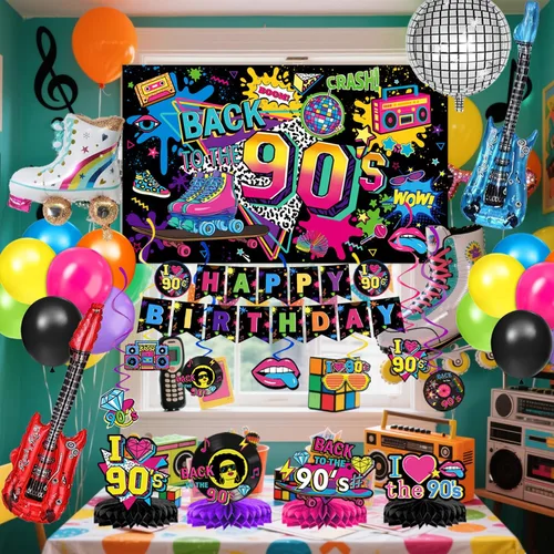 Miniatura 6 de Las decoraciones para fiestas de cumpleaños de los años 90 incluyen telón de fondo, centros de mesa de panal, pancarta, espirales colgantes, globos