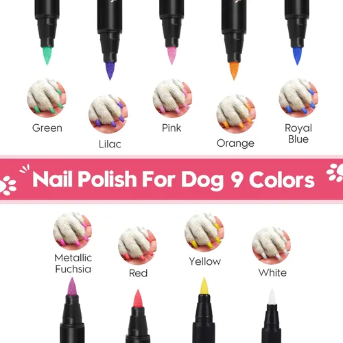 Miniatura 2 de MSDADA Bolígrafos de esmalte de uñas para perros de secado rápido, juego de esmaltes de uñas de 9 colores para perros, seguro y fácil de aplicar
