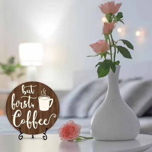 Miniatura 5 de Letrero de barra de café, decoración de café para cafetería, placa redonda de madera de granja con soporte, letreros de café con temática de «But