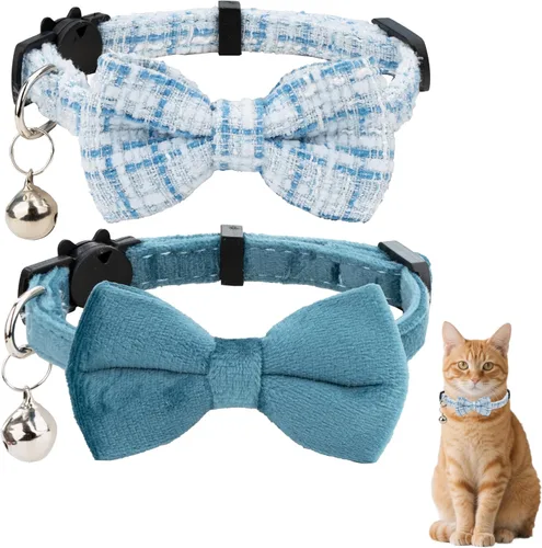 Miniatura 15 de Collar de gato con campana para niño y niña, pajarita de seguridad, a cuadros, color sólido, conjunto de regalo, lindo festivo, [2 piezas], verde