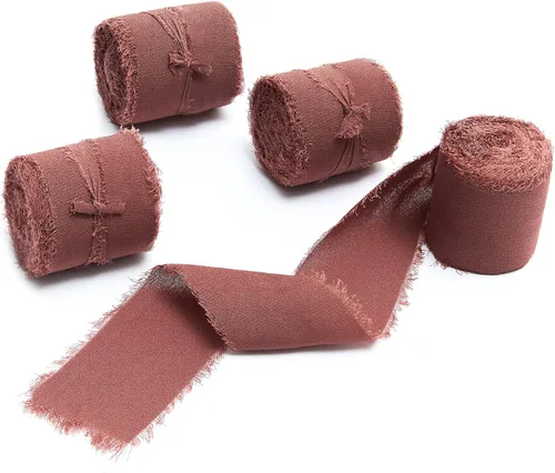 Miniatura 47 de 4 rollos de cinta de gasa de gasa con flecos de 1 pulgadas de ancho x 5 yardas, color rojo óxido, bordes deshilachados para invitaciones de boda