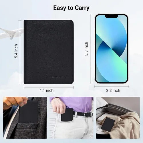 Miniatura 4 de Funda de cuero genuino para pasaporte, billetera con bloqueo RFID, BAPHITY de lujo y simple, Grano negro, Classic