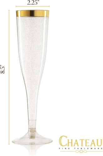 Miniatura 8 de 36 copas de champán de plástico, vasos de plástico de 6.5 onzas, borde dorado y purpurina dorada, decoración de brunch, flautas de plástico