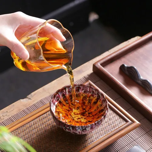 Miniatura 5 de 4 tazas de té chino hechas a mano, taza de té Jianzhan Tenmoku con esmalte rosa, taza de cerámica en forma de pétalo de 4 onzas con incrustaciones