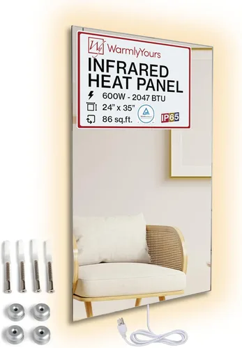 Panel de calentador de pared infrarrojo con espejo de vidrio de 600 W, panel de calor radiante eléctrico de 24 x 35 pulgadas, calentador de espacio