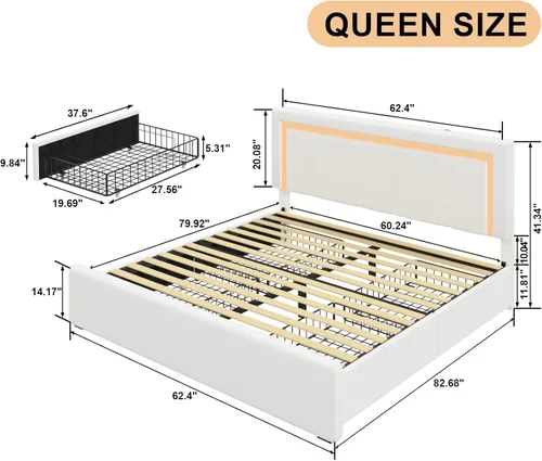 Miniatura 2 de Benevika Marco de Cama Queen con 4 Cajones de Almacenamiento y Cabecera Ajustable, Cama de Plataforma Tapizada con LED con Puertos Tipo C y USB
