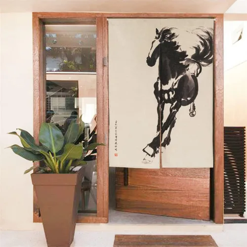 Miniatura 3 de Cortina japonesa Noren para puerta, impresión de caballo de tinta china, tapiz para entrada, decoración del hogar, 33.5 x 35.5 pulgadas