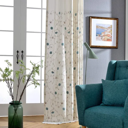 Miniatura 25 de VOGOL - Cortinas de 2 paneles con ramas bordadas de lino sintético con ojales, cortinas para dormitorio/sala de estar, paneles de tratamiento