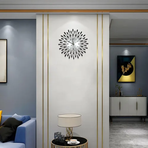 Miniatura 2 de Reloj de pared de 19.7 pulgadas, negro, para decoración de sala de estar, esfera de pétalos de metal silenciosa sin tictac, grandes relojes de pared