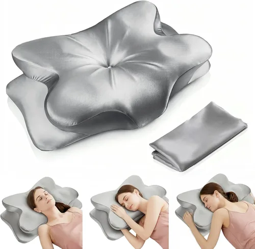 Miniatura 7 de Almohada cervical para el alivio del dolor de cuello, almohada ergonómica de espuma viscoelástica con funda de satén sedoso resistente a
