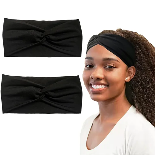 Hjiaruiky 2 diademas de turbante para mujer, bohemias, elásticas, a la moda, de tela anudada, bonita, gruesa, para mujeres y niñas, color negro
