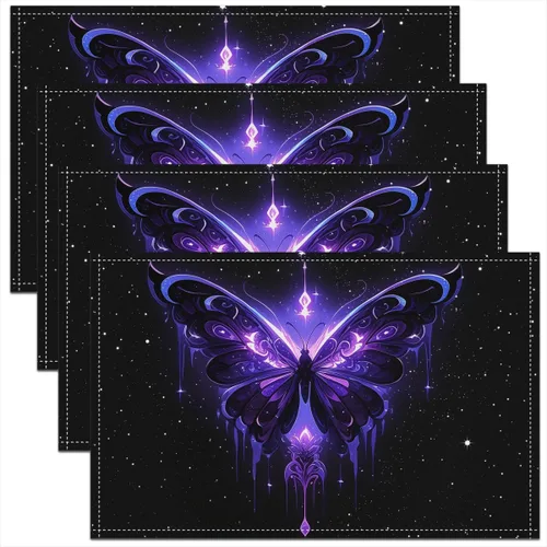 Juego de 4 manteles individuales con diseño de mariposas y animales voladores de noche de ensueño de 12 x 18 pulgadas para mesa de cocina, tapetes