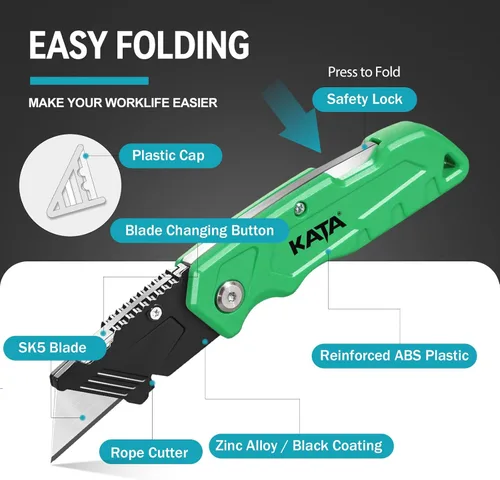 Miniatura 4 de KATA Cuchillos de corte de caja plegables: paquete de 4 cuchillos utilitarios resistentes para cajas de bolsillo – 20 hojas de afeitar adicionales