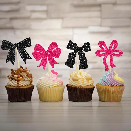 Miniatura 4 de Ephlyn 24 Piezas Adornos para Cupcakes con Lazo Rosa - Decoraciones de Cupcakes con Moño para Nupcial, Baby Shower, Fiesta Temática de Boda - Negro