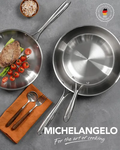 Miniatura 7 de MICHELANGELO Juego de sartenes de acero inoxidable 18/10, sartenes de cocina de 8, 9.5 y 11 pulgadas, juego de sartenes de acero inoxidable con base