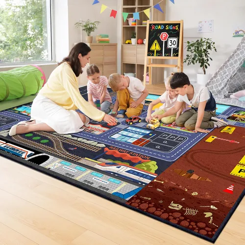 Miniatura 2 de Car Road - Alfombra de juegos para niños, 5 x 7 pies, alfombra de coche para niños y niños, educativa de tráfico urbano, alfombra de juego lavable