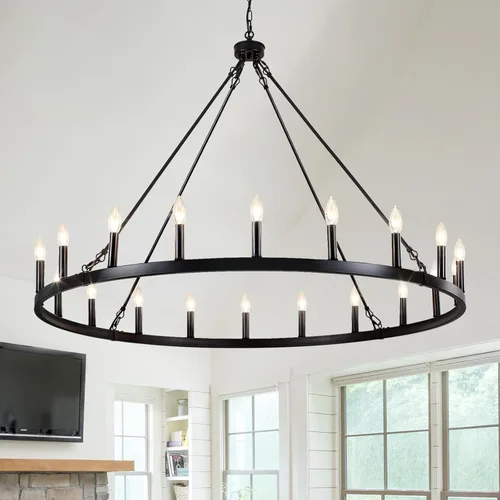 Miniatura 10 de Candelabro Negro de Rueda de Vagón Diámetro 26 pulgadas 8 Luces Candelabros Negros Estilo Granja para Comedor Lámpara Colgante Redonda Rústica