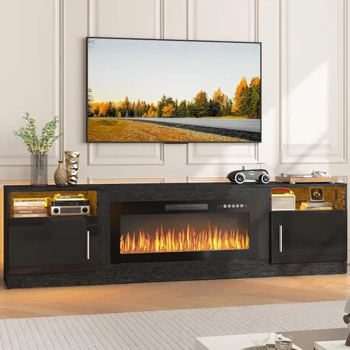 Miniatura 13 de PUKAMI Soporte de TV con chimenea de 18 pulgadas para sala de estar, centro de entretenimiento de 58 pulgadas con luces para las patas, gabinete