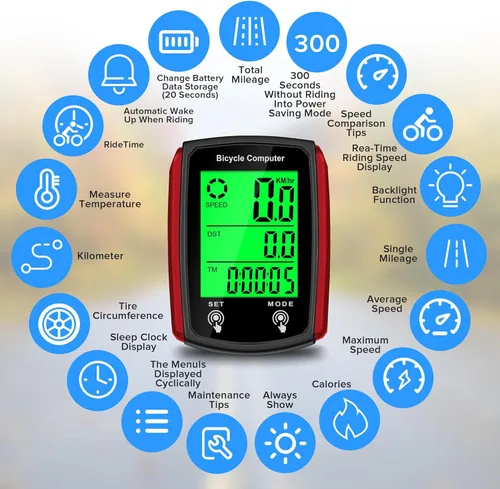 Miniatura 2 de Computadora de bicicleta y odómetro de bicicleta con cable MPH KM/H Velocímetro de bicicleta con despertador automático de velocidad de ciclismo Rojo