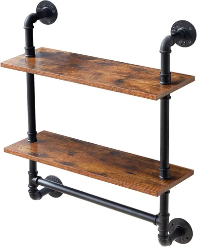 Miniatura 9 de IBUYKE Estante industrial para tubería, estantería de montaje en pared de 40.5 pulgadas, estante de pared de 3 niveles con toallero, estantes