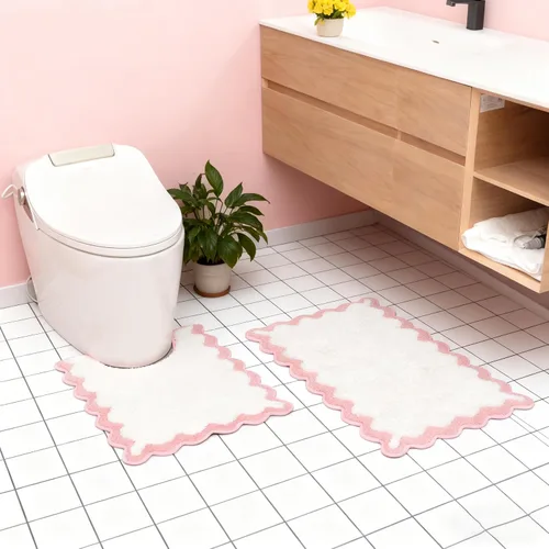 Miniatura 14 de ORTIGIA Pequeña y Linda Alfombra de Baño con Volados, Alfombras de Baño de Microfibra de Lujo en Blanco y Rosa, Antideslizante, Lavable, de Secado