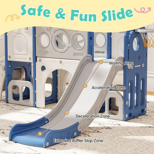 Miniatura 5 de kinbor Juego de toboganes 8 en 1 para niños pequeños, tobogán para niños con aro de baloncesto, juego para niños con escaleras fáciles de subir