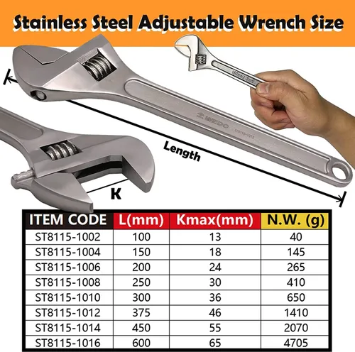 Miniatura 2 de WEDO Llave ajustable de 10 pulgadas, llave ajustable de acero inoxidable, llave profesional, mandíbulas fresadas de precisión para máxima potencia