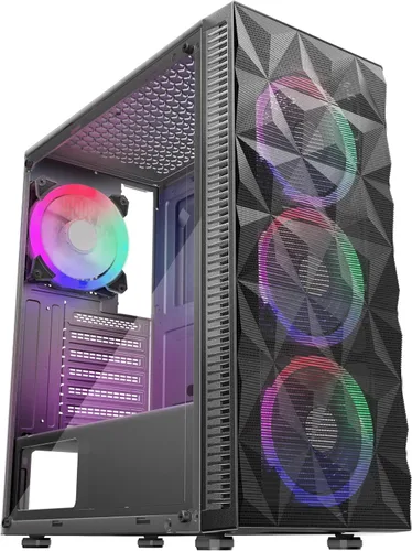 Miniatura 7 de MOROVOL Carcasa para PC con 4 ventiladores RGB preinstalados, carcasa de computadora ATX para juegos con malla frontal en forma de diamante y panel