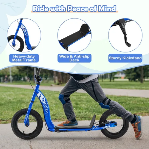 Miniatura 5 de GYMAX Patinete, Patinete de Empuje para Adultos, Adolescentes, Niños con Manubrio Ajustable, Ruedas Inflables de 12 Pulgadas, Freno de Pinza