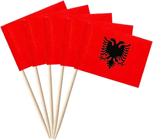 stidsds 100 banderas de Albania con palillos de dientes de Albania, mini adornos pequeños para cupcakes albaneses, banderas de palo para fiesta,