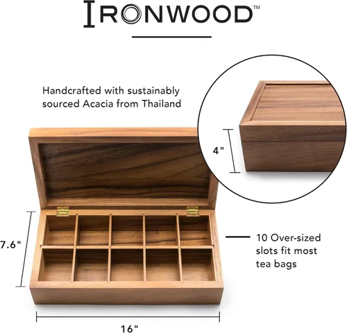 Miniatura 4 de Ironwood Gourmet Caja de té de madera de acacia, rectangular XL, con 10 compartimentos