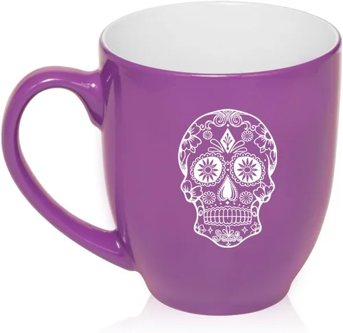 Miniatura 4 de Taza grande de 16 oz Bistro Taza de cerámica para café, té, taza de vidrio, calavera de caramelo de azúcar (rosa intenso)