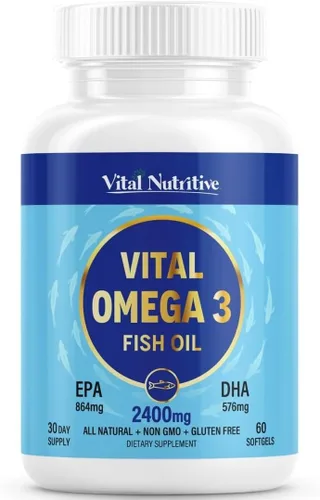 Vital Omega 3 Suplementos de aceite de pescado de 2400 mg | 864 mg de EPA y 576 mg de DHA | 1440 mg de ácidos grasos omega-3 totales | Promueve la