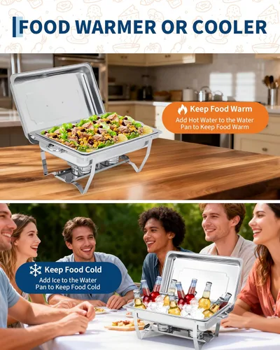 Miniatura 3 de GarveeHome Platos de roce para buffet, paquete de 2 unidades, de acero inoxidable de 8 cuartos de galón y calentadores de buffet con tapa, Plateado