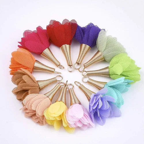 Miniatura 10 de Cheriswelry Colgantes de flores de tela de tela con pétalos florales con tapa dorada para aretes de bricolaje, llavero, fabricación de joyas