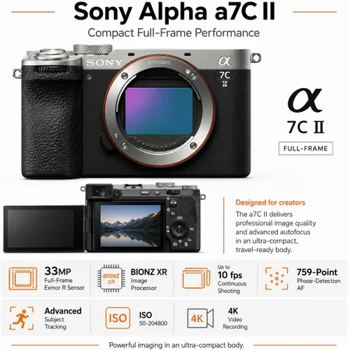 Miniatura 2 de Sony Alpha a7C II - Cámara sin espejo, color plateado, paquete con batería adicional y cargador, tarjeta de memoria de 128 GB, bolsa de hombro, 1