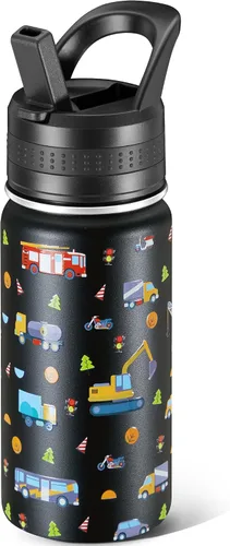 Miniatura 10 de 14 Oz Kids Water Bottle, Stainless Steel Water Bottle with Straws, Leak-Proof, BPA-Free, Insulated Water Bottles for School Boys & Girls Black