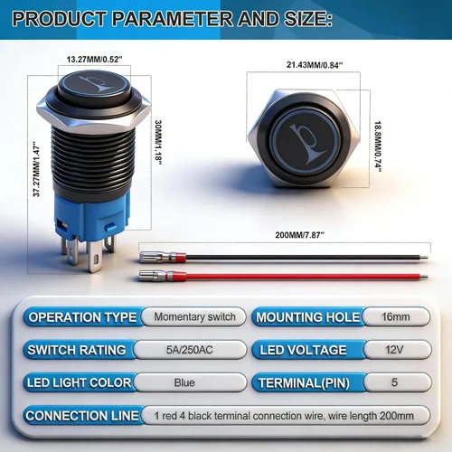 Miniatura 3 de Twidec/Interruptor de botón de presión momentáneo de bocina de altavoz de 16 mm, orificio de montaje de 5/8 pulgadas, luz LED azul de 12 V, carcasa
