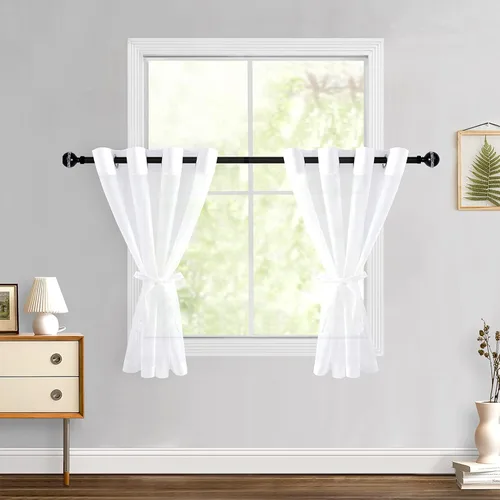 Miniatura 25 de Hiasan - Cortinas traslúcidas de gasa cortas semitransparentes con ojales y alzapaños filtrantes de luz para ventana, dormitorio, baño, 2 paneles