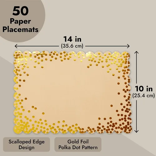 Miniatura 4 de Blue Panda Manteles individuales rectangulares desechables de papel dorado, borde festoneado y lunares de lámina dorada, 50 unidades para fiestas