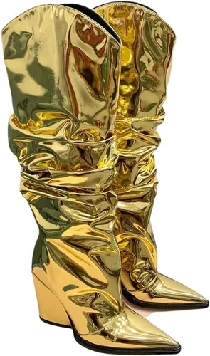 Miniatura 24 de Vertundy Botas altas hasta la rodilla metálicas con punta puntiaguda para mujer, botas altas de tacón alto de charol plisadas, botas largas plisadas