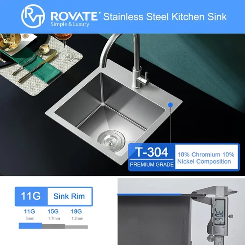 Miniatura 6 de ROVATE Fregadero de barra empotrable de 13 x 15 x 8 pulgadas, Fregadero de cocina pequeño de montaje superior de un solo compartimento, Fregaderos