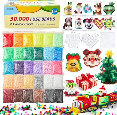 INSCRAFT Kit de 30,000 cuentas de fusibles - 30 paquetes individuales de cuentas de hierro con 3 tableros de enhebrado, 5 papeles de planchado, 10