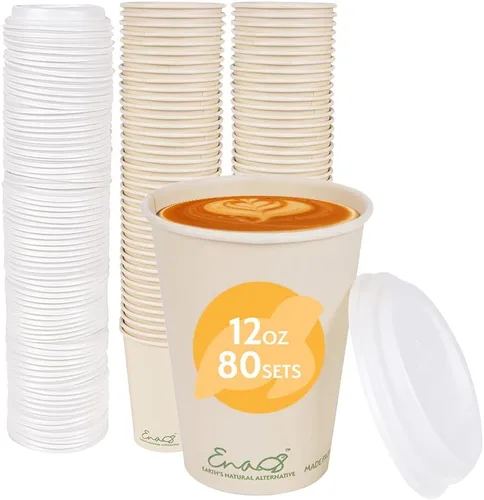Miniatura 7 de Tazas de café desechables 100% compostables (paquete de 80 unidades de 12 onzas), tazas de papel hechas de bambú, ecológicas, biodegradables de alta