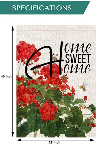 Miniatura 2 de Bandera de geranio para casa de primavera y verano, arpillera de doble cara, abejas florales rojas con cita para el hogar, bandera decorativa